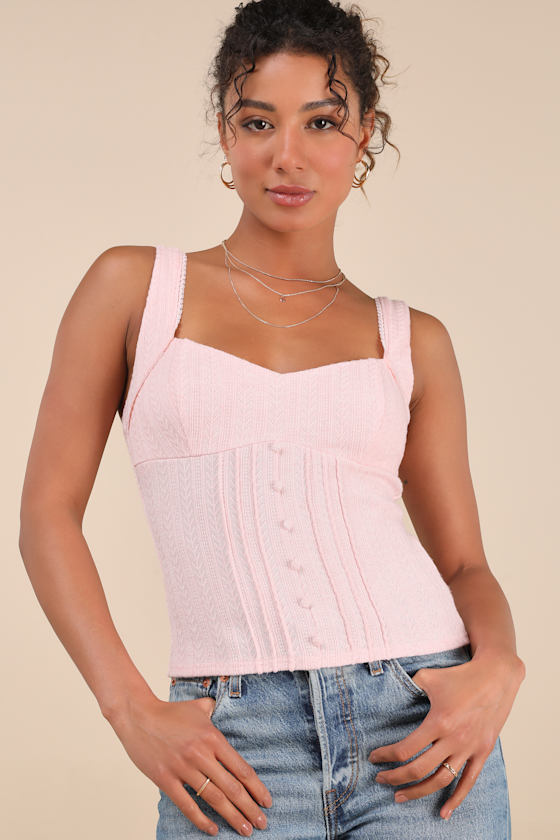 LULUS CALANTHE LIGHT PINK POINTELLE KNIT BUTTON-FRONT TANK TOP 