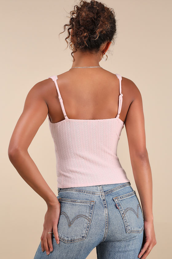 LULUS CALANTHE LIGHT PINK POINTELLE KNIT BUTTON-FRONT TANK TOP 