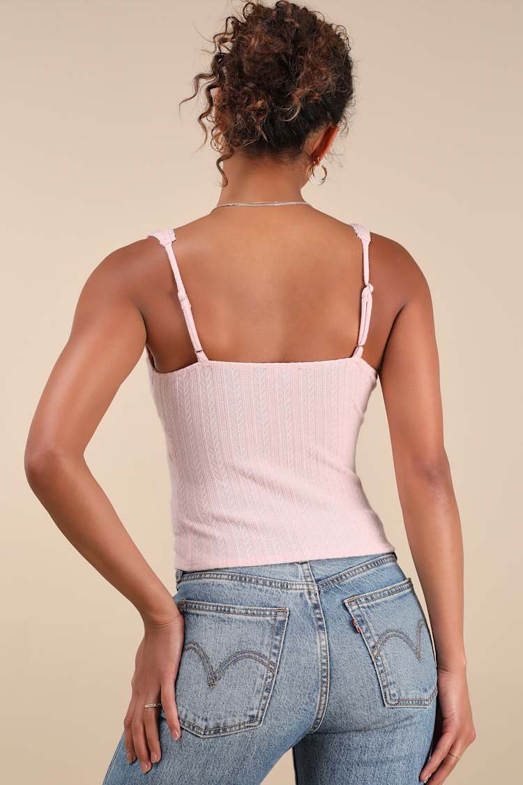 Calanthe Light Pink Pointelle Knit Button-Front Tank Top