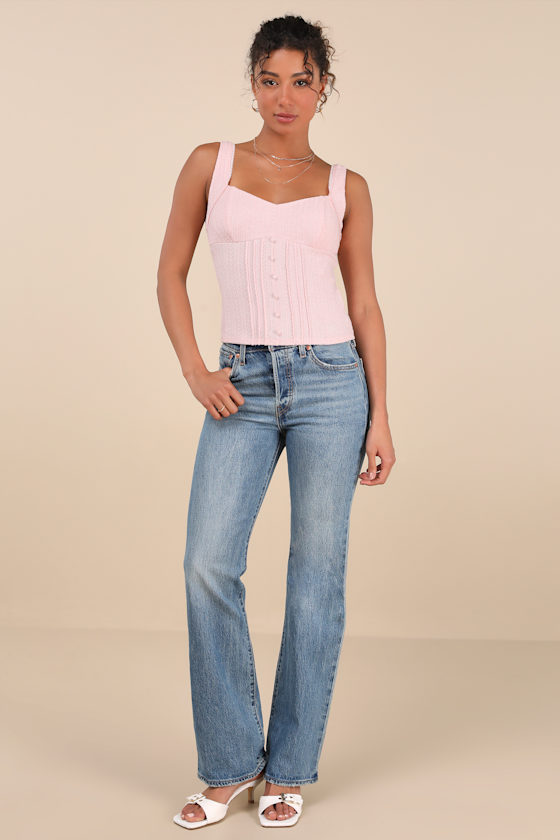 LULUS CALANTHE LIGHT PINK POINTELLE KNIT BUTTON-FRONT TANK TOP 