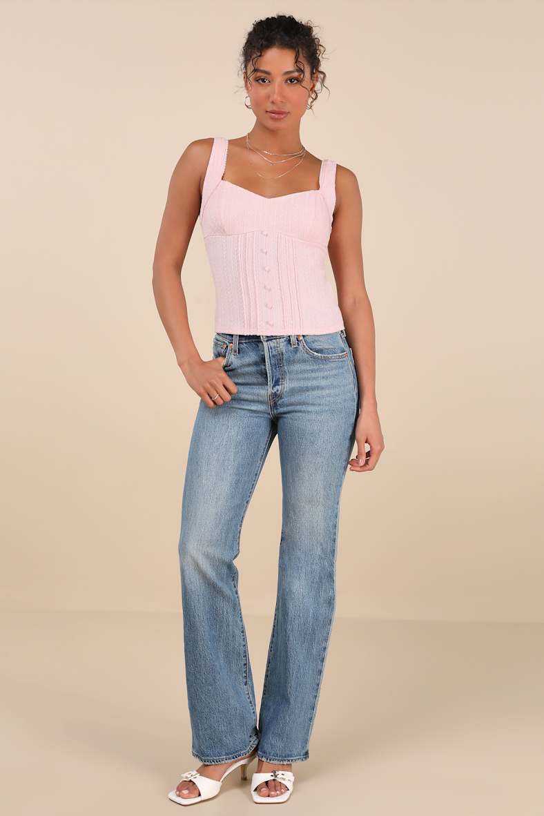 Calanthe Light Pink Pointelle Knit Button-Front Tank Top