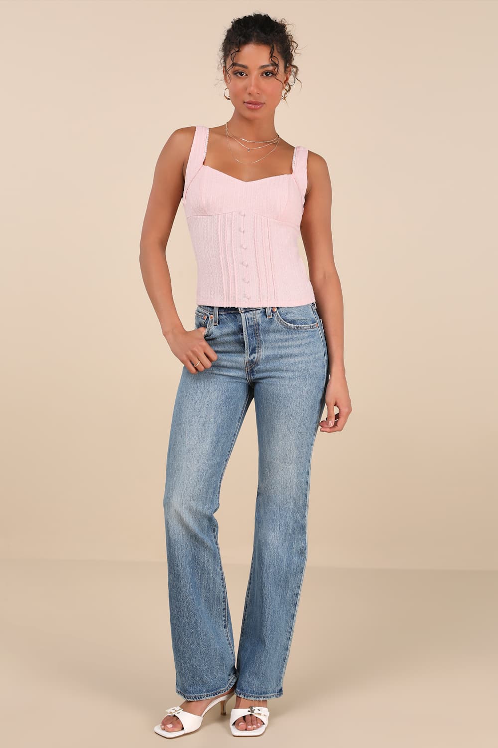 Calanthe Light Pink Pointelle Knit Button-Front Tank Top