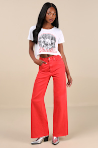 Far Out Red High-Rise Raw Hem Wide-Leg Jeans 1