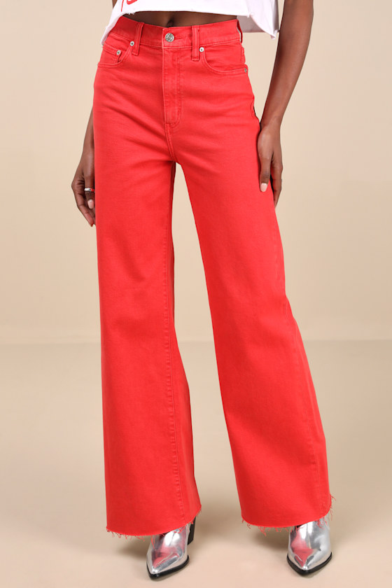 Far Out Red High-Rise Raw Hem Wide-Leg Jeans 2