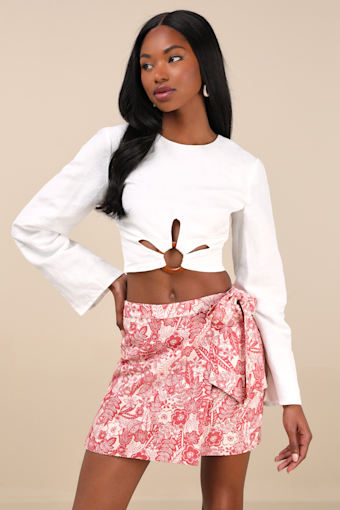 Kieu Red Floral Print Faux-Wrap Mini Skirt 5