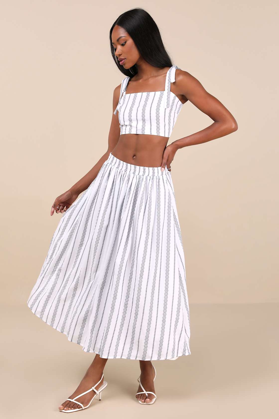 Cheerful Season Ivory Striped Two-Piece Midi Dress With Pockets