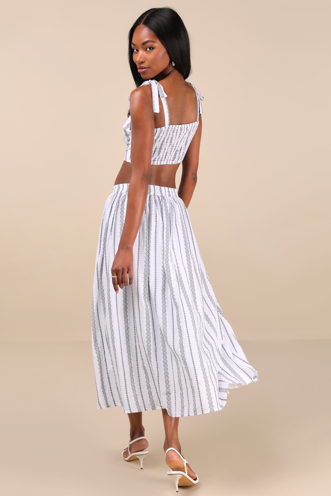 Cheerful Season Ivory Striped Two-Piece Midi Dress With Pockets