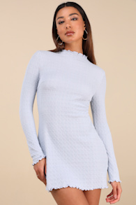Flattering Forecast Light Blue Textured Long Sleeve Mini Dress