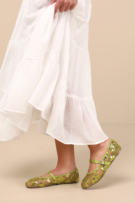 Cristen Green Mesh Sequin Buckle Ballet Flats 1