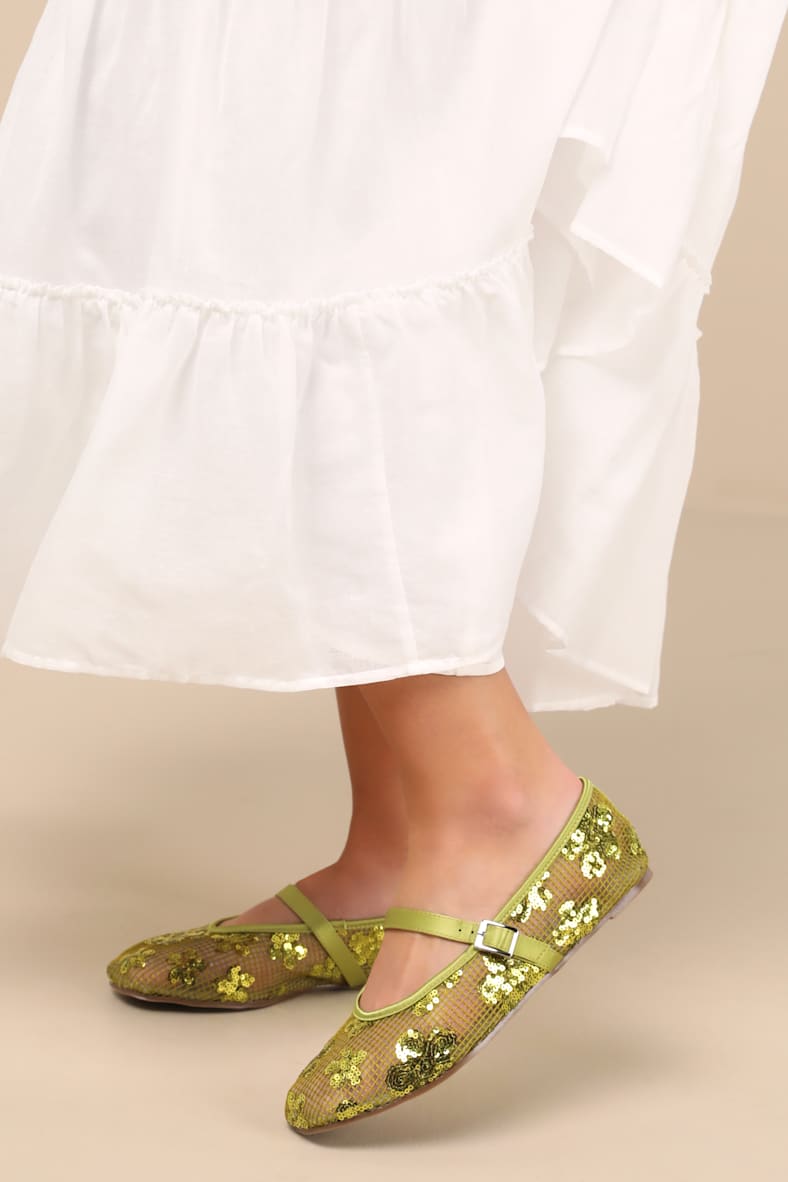 Cristen Green Mesh Sequin Buckle Ballet Flats