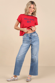Pleaser Medium Wash Distressed Wide-Leg High-Rise Jeans