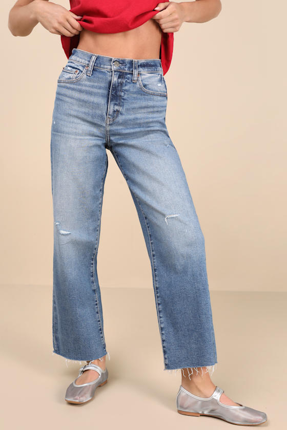 Pleaser Medium Wash Distressed Wide-Leg High-Rise Jeans 2