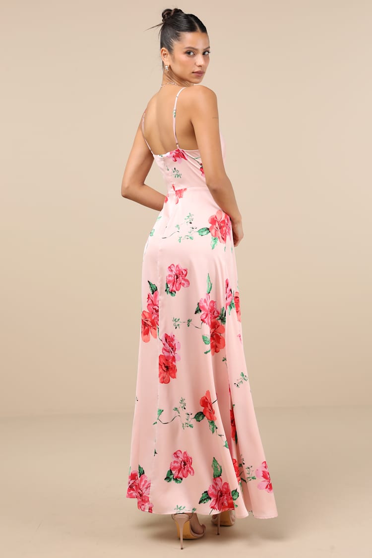 Radiant Occasion Light Pink Floral Satin A-Line Maxi Dress