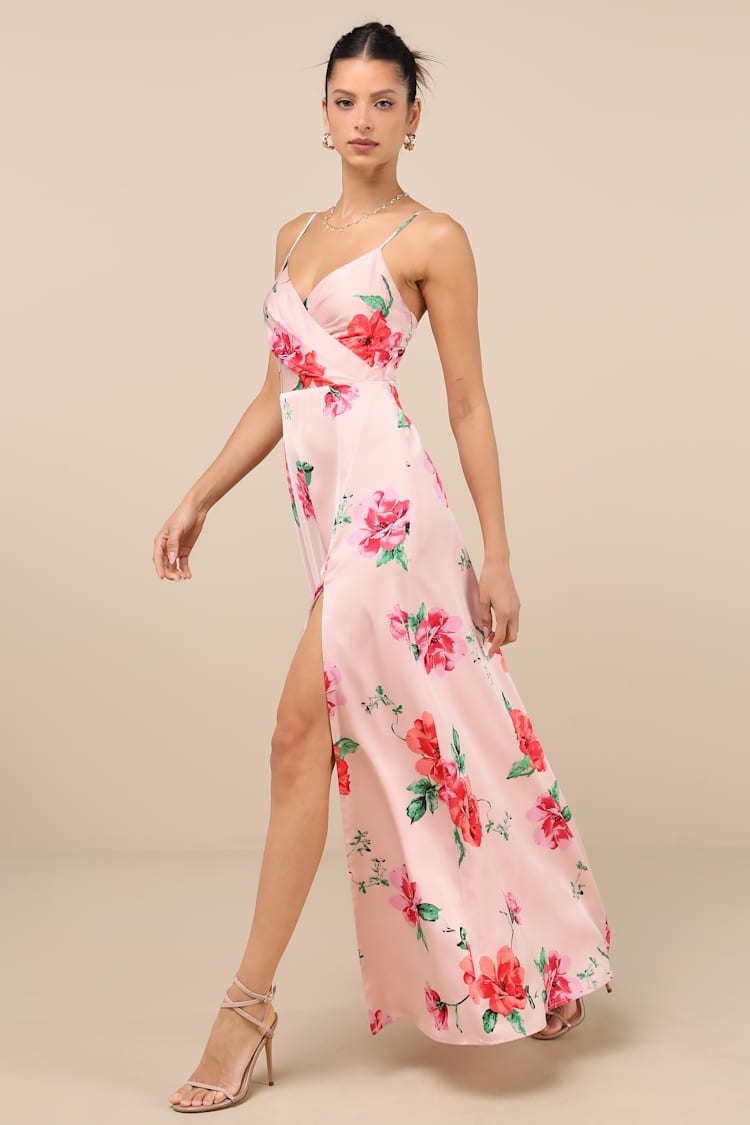 Radiant Occasion Light Pink Floral Satin A-Line Maxi Dress