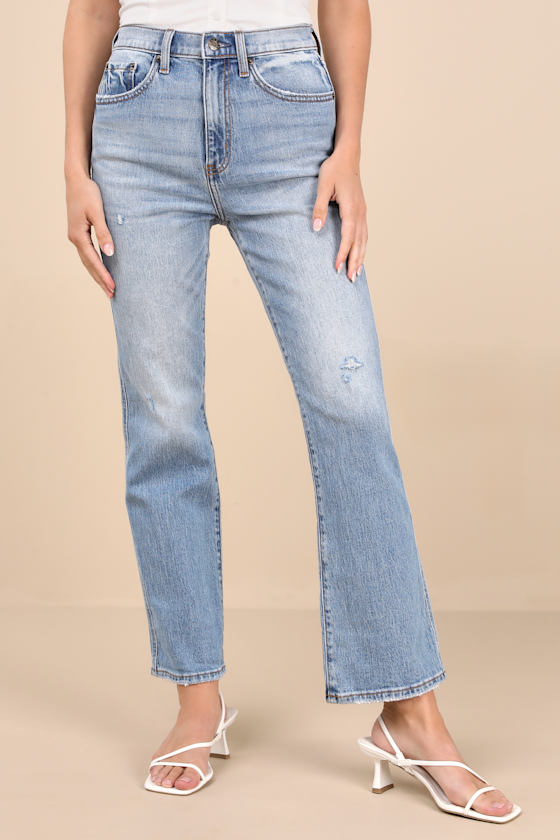 Daze Denim Soho Light Wash Distressed High-rise Flare Jeans In Blue