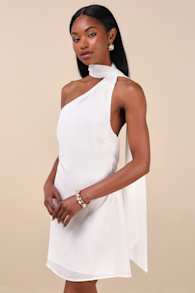 Isloda Ivory One-Shoulder Backless Sash Mini Dress 7