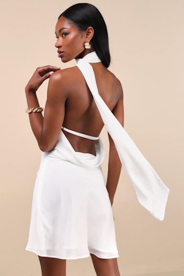 Ivory Backless Dress One-Shoulder Mini Dress Sash Scarf Dress