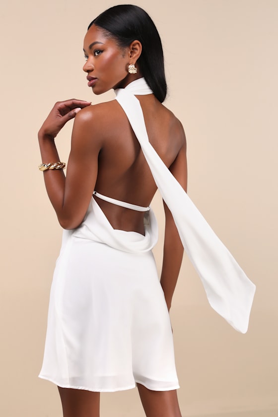 Isloda Ivory One-Shoulder Backless Sash Mini Dress 8