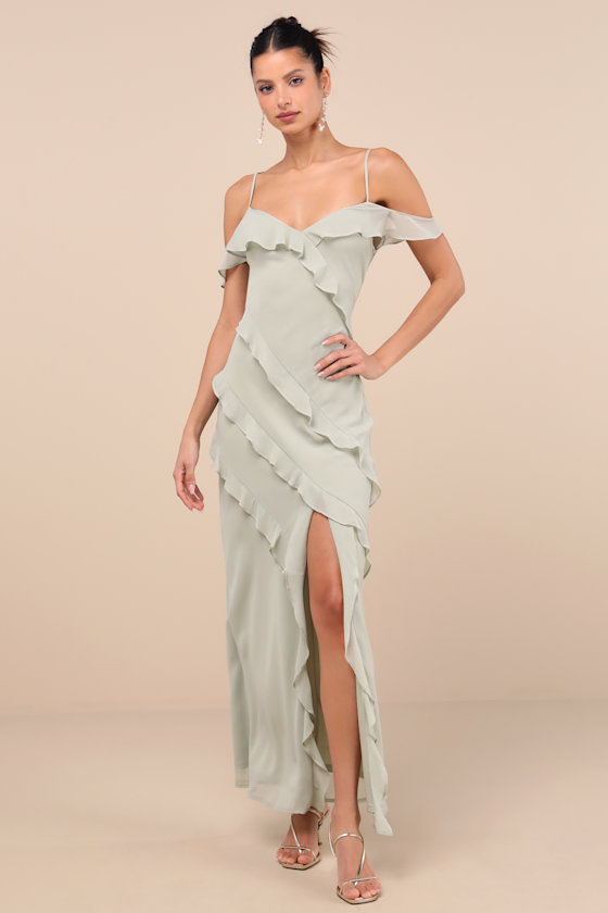 Lulus Elara Light Sage Ruffled Maxi Dress In Light Sage