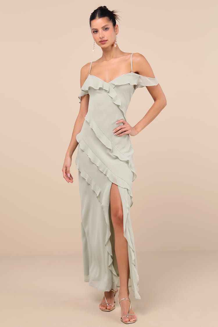 Light Sage Maxi Dress - Cold-Shoulder Dress - Ruffled Maxi Dress - Lulus