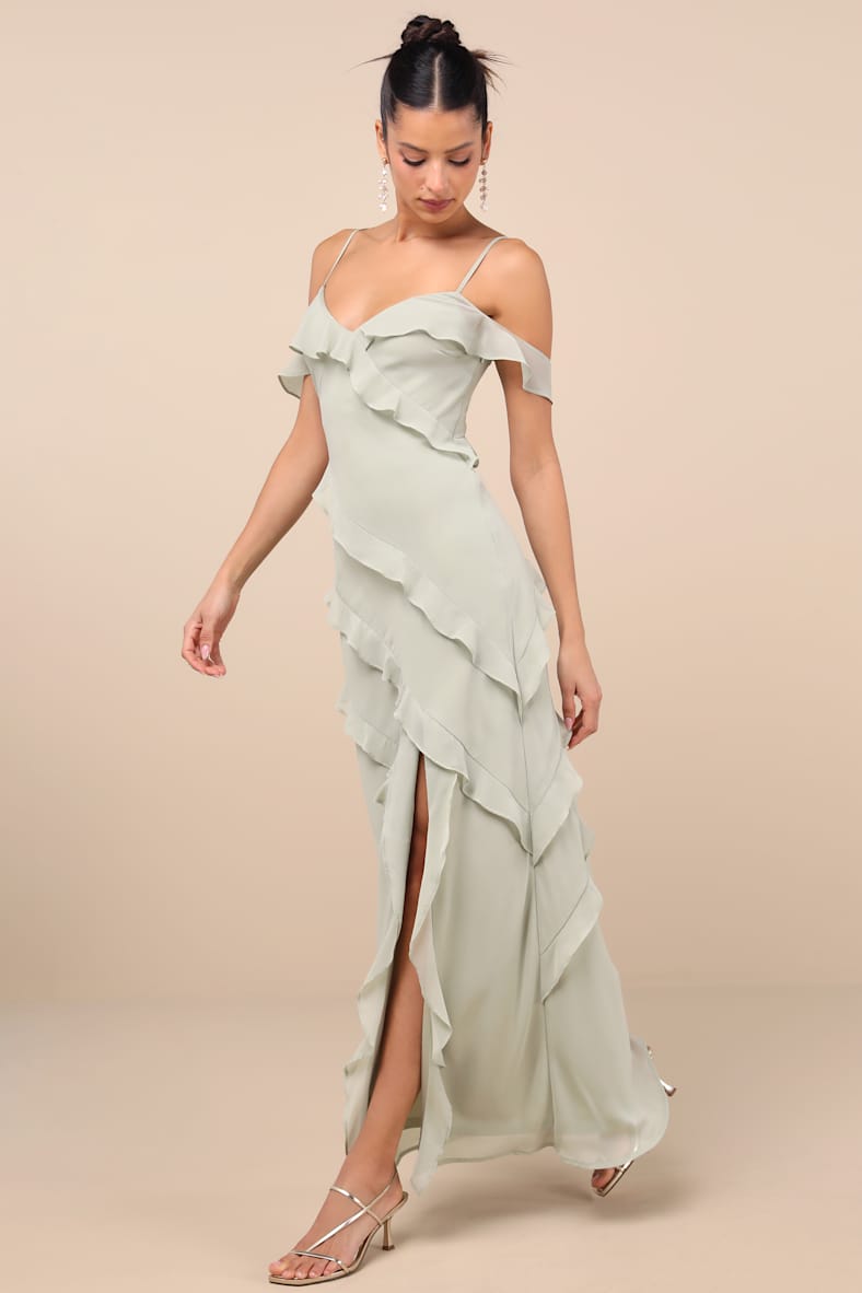 Elara Light Sage Ruffled Maxi Dress