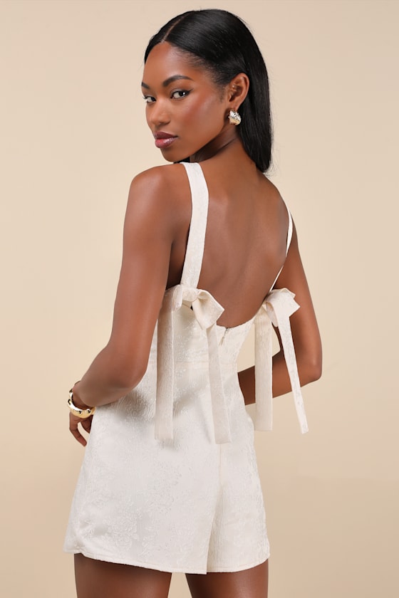 Lulus Nazira Ivory Jacquard Bow Skort Romper