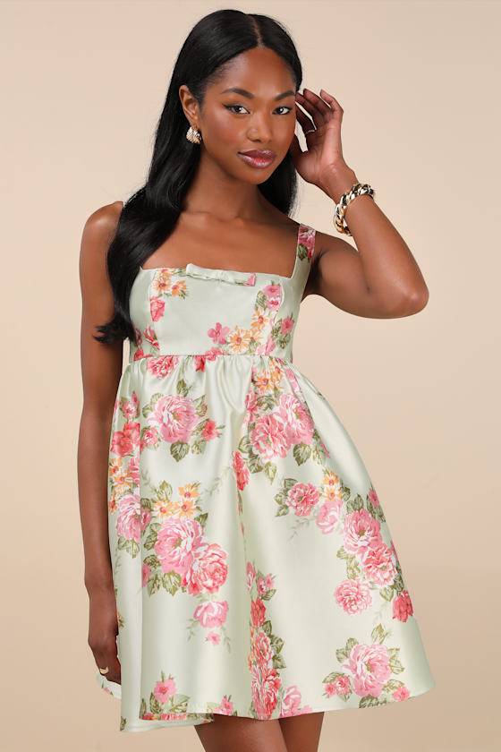 Image of Unbelievably Lovely Sage Floral Babydoll Empire Waist Mini Dress