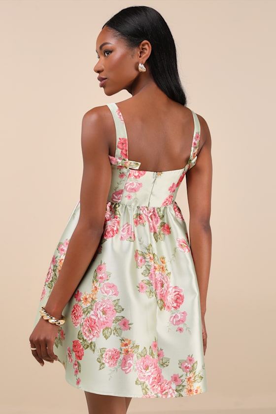 Lulus Unbelievably Lovely Sage Floral Babydoll Empire Waist Mini Dress In Green