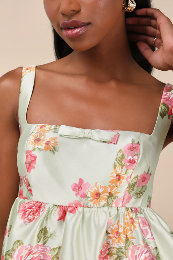 Lulus Unbelievably Lovely Sage Floral Babydoll Empire Waist Mini Dress In Green