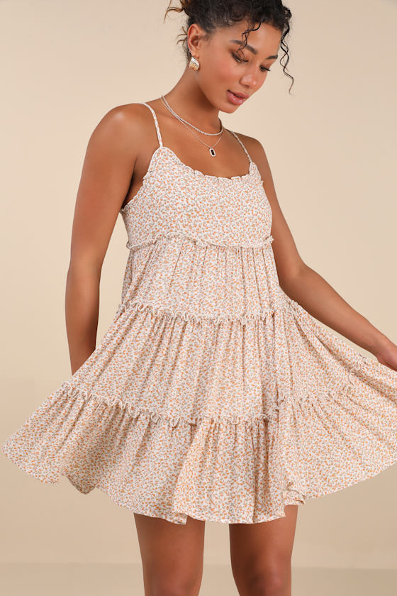 Ivory Floral Babydoll Dress - Mini Sundress - Tiered Mini Dress - Lulus