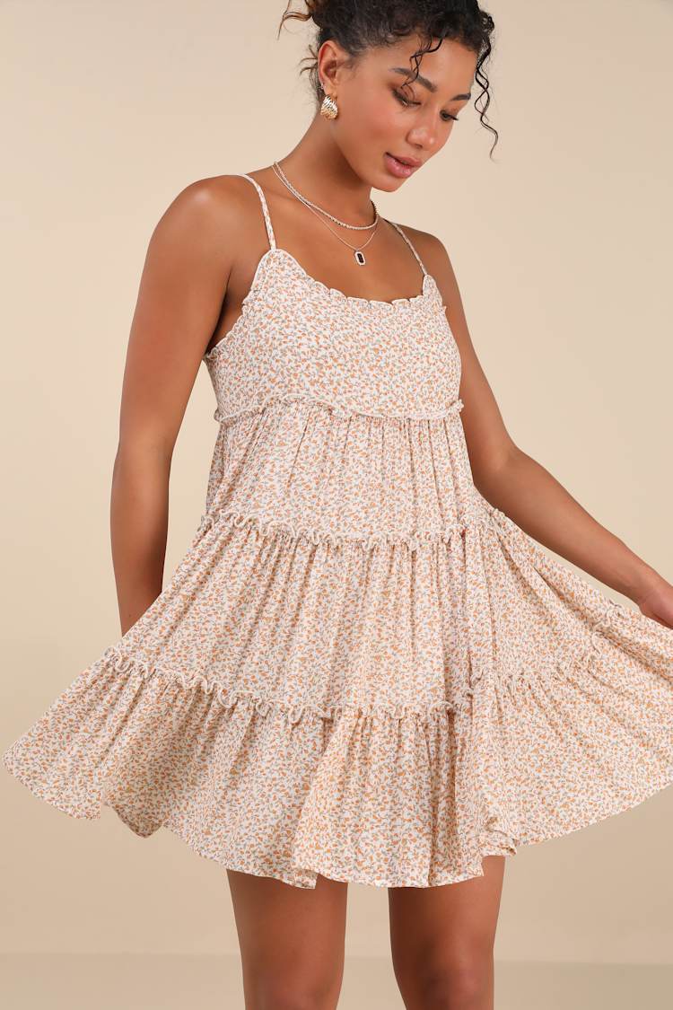 Ivory Floral Babydoll Dress - Mini Sundress - Tiered Mini Dress - Lulus