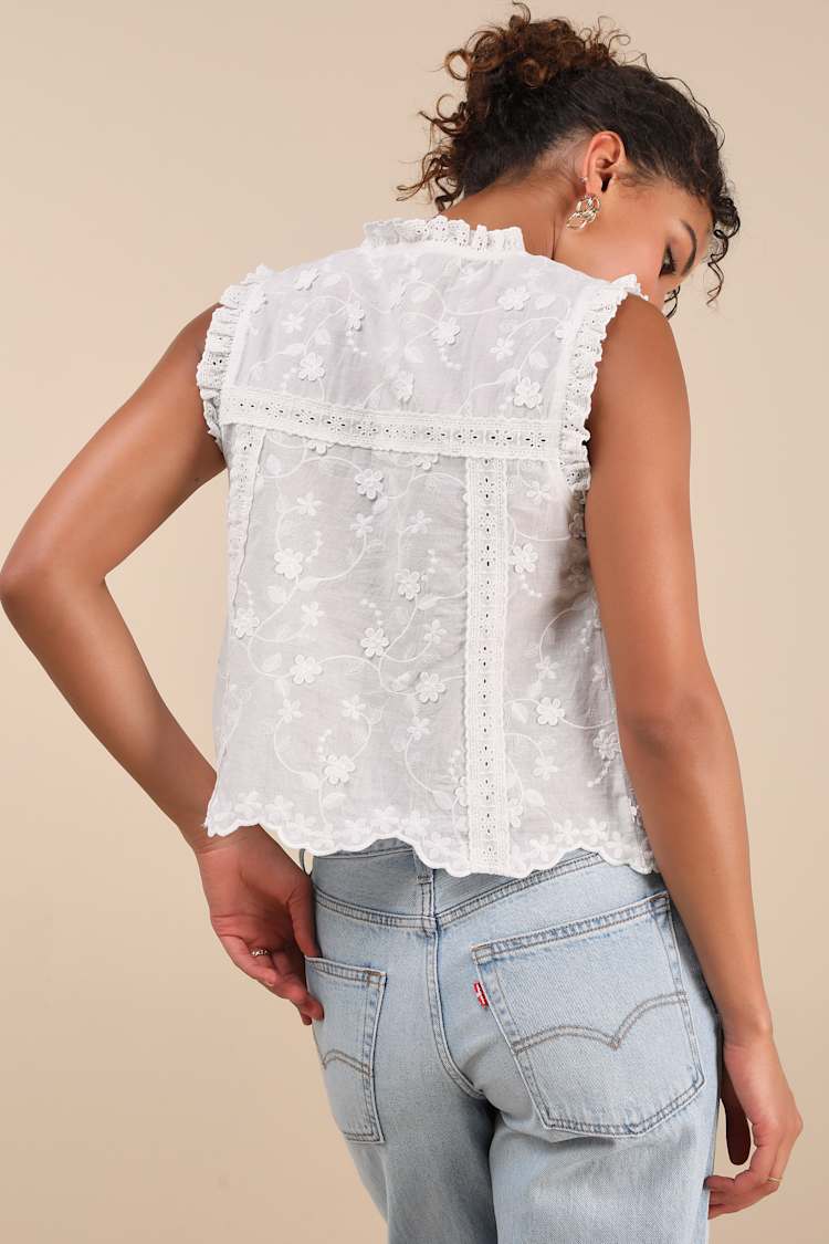 Jenske White Embroidered Ruffled Tie-Front Sleeveless Top