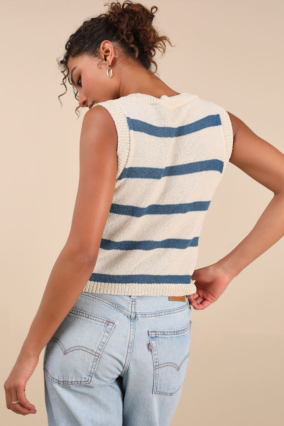 Prisha Cream and Blue Striped V-Neck Sweater Tank Top