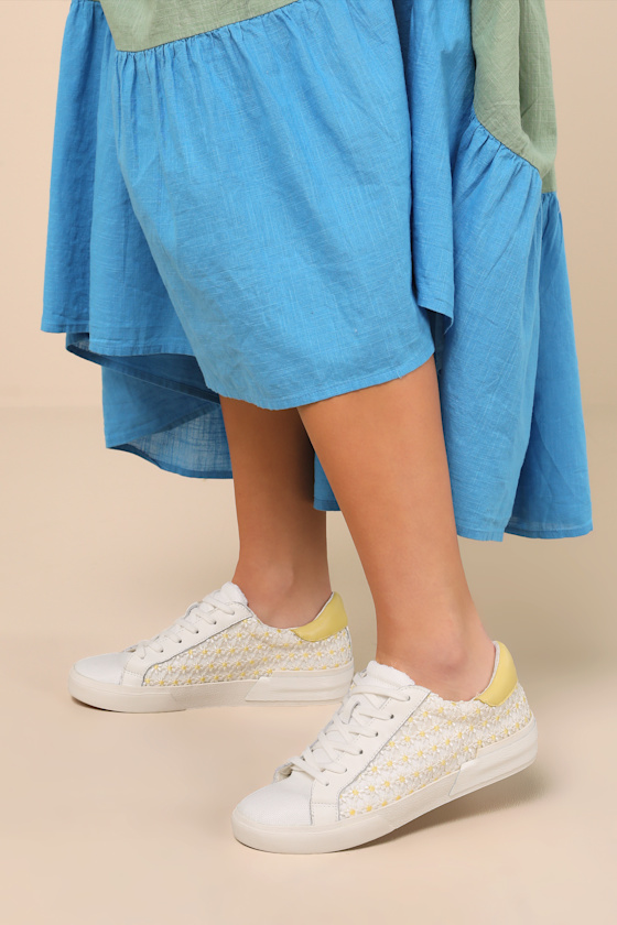 Dolce Vita Zina White And Yellow Floral Embroidered Mesh Sneakers In White And Yellow