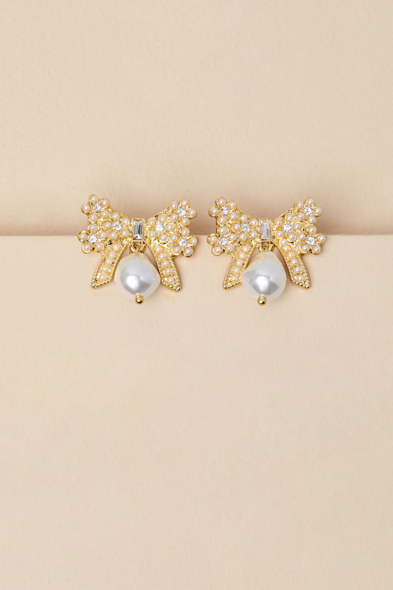 Shop Lulus Carabella 14kt Gold Rhinestone Pearl Bow Earrings