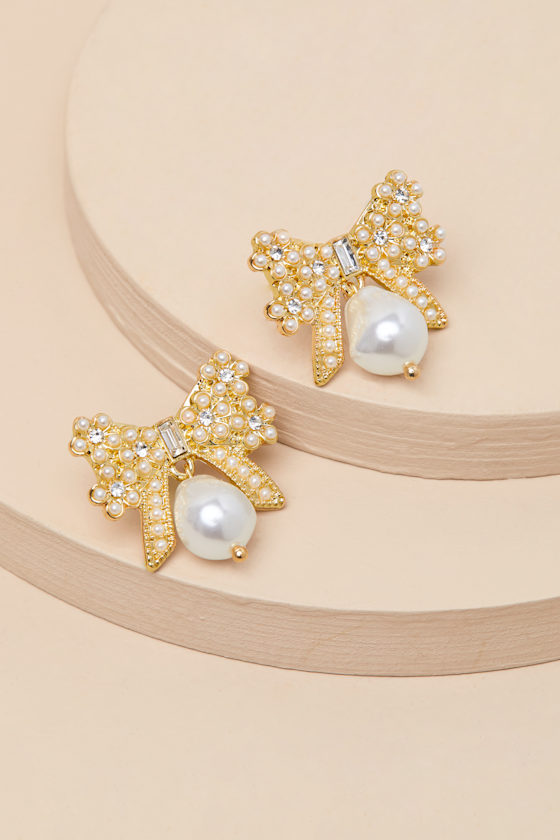 Shop Lulus Carabella 14kt Gold Rhinestone Pearl Bow Earrings