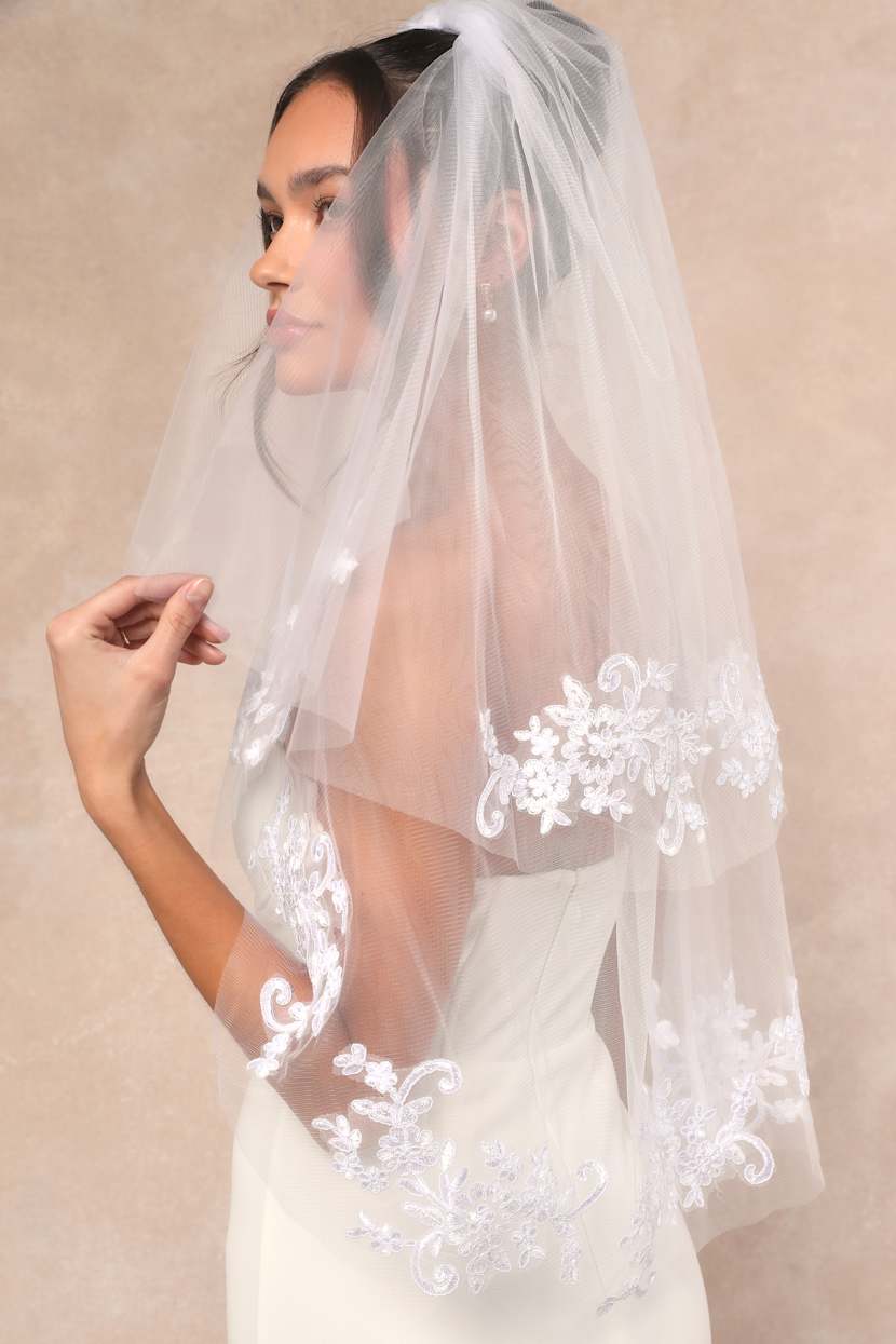 White Tulle Veil - Layered Tulle Veil - Embroidered Veil  display picture 3
