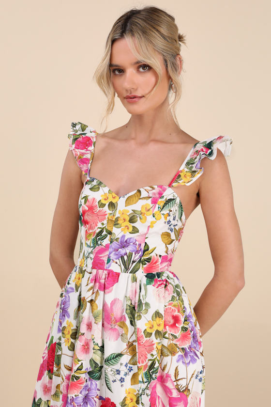 Shop Lulus Melodie White Multi Floral Ruffled Midi Dress
