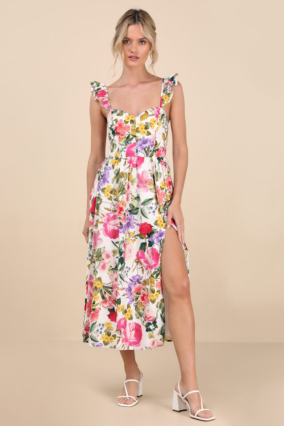 Shop Lulus Melodie White Multi Floral Ruffled Midi Dress