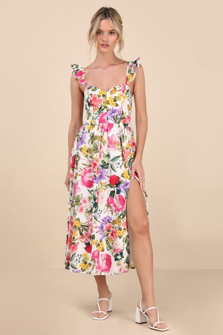 Melodie White Multi Floral Ruffled Midi Dress