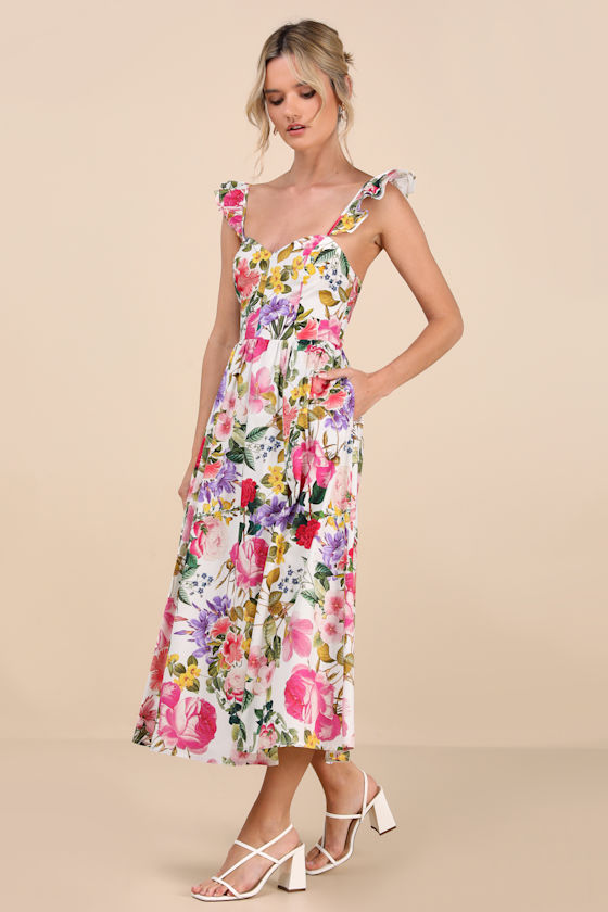Shop Lulus Melodie White Multi Floral Ruffled Midi Dress