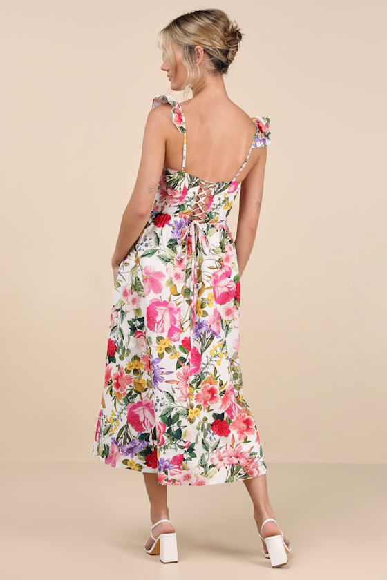 Shop Lulus Melodie White Multi Floral Ruffled Midi Dress