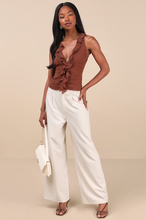 LULUS BRIELLA BROWN RUFFLED BUTTON-FRONT TOP