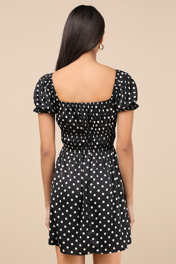 Lulus Makara Black Polka Dot Satin Puff Sleeve Mini Dress In Black