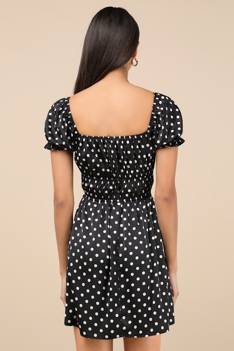 Makara Black Polka Dot Satin Puff Sleeve Mini Dress