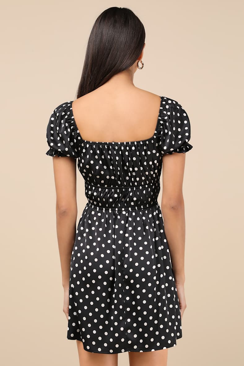 Makara Black Polka Dot Satin Puff Sleeve Mini Dress
