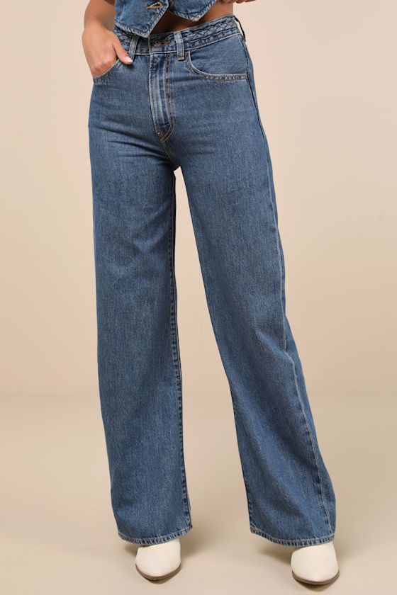 Levi's Ribcage Dark Wash Denim Braided Wide-leg High-rise Jeans In Blue
