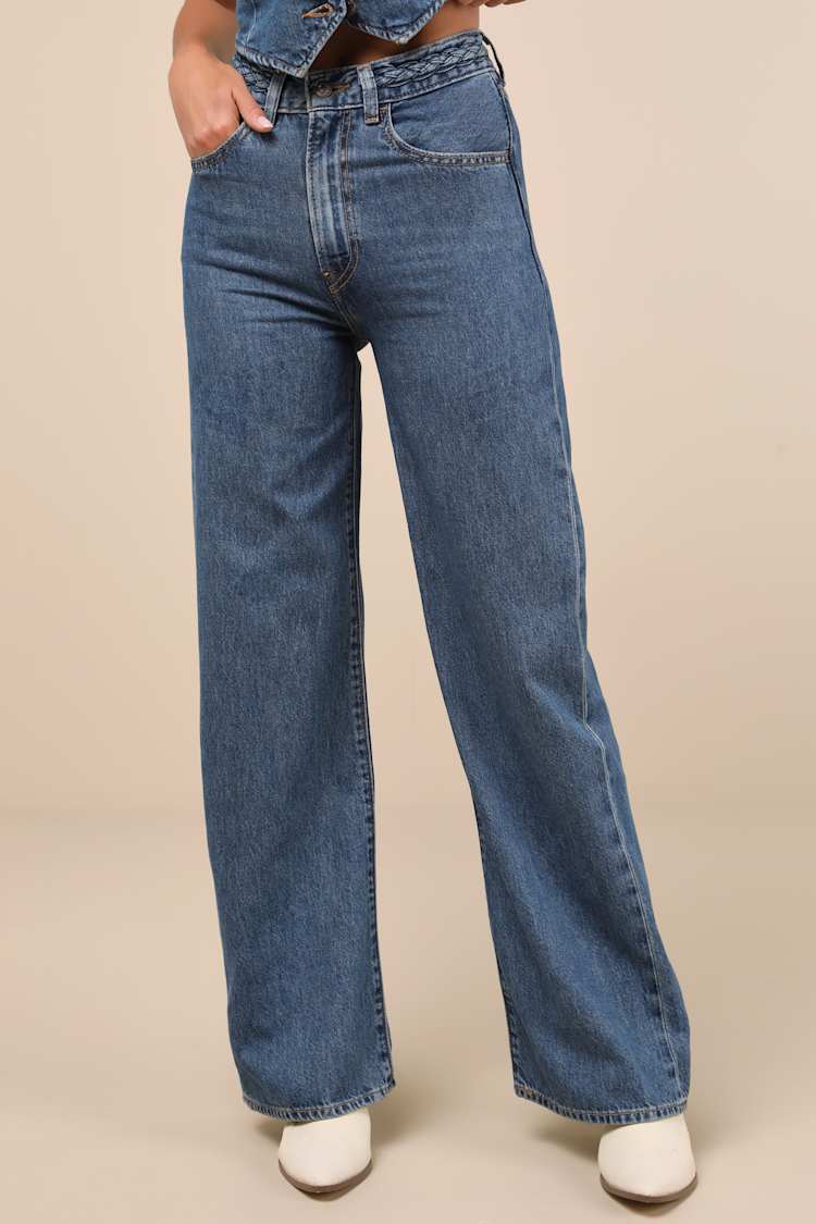 Ribcage Dark Wash Denim Braided Wide-Leg High-Rise Jeans