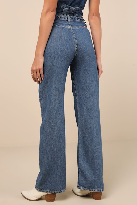 Levi's Ribcage Dark Wash Denim Braided Wide-leg High-rise Jeans In Blue