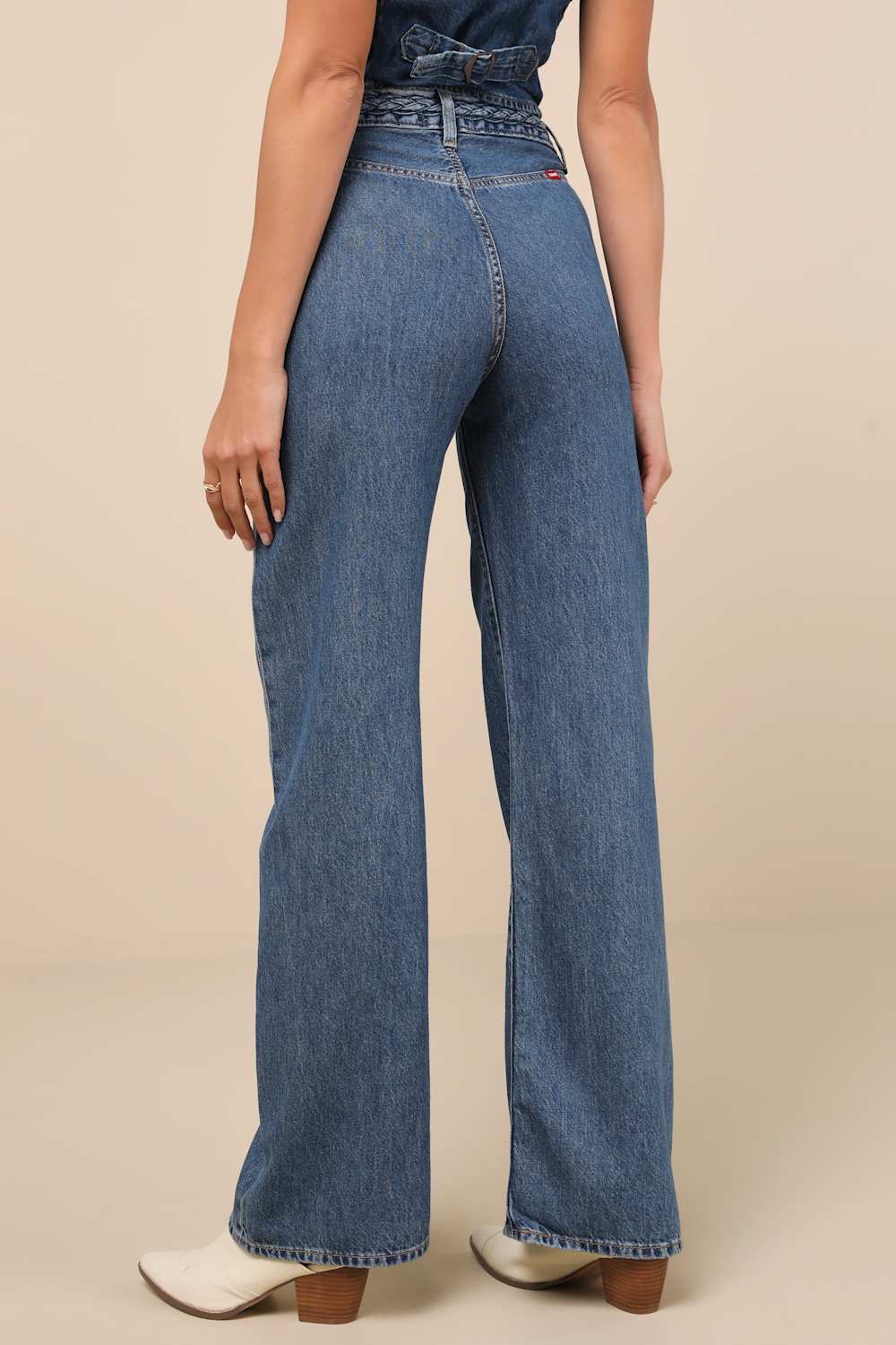 Ribcage Dark Wash Denim Braided Wide-Leg High-Rise Jeans
